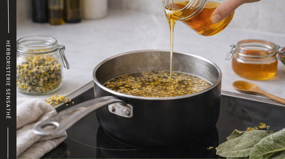 Préparation d’un sirop de bouillon-blanc avec miel et fleurs de molène en phytothérapie traditionnelle pour la toux et la gorge irritée - Herboristerie Sensathé Préparation d’un sirop de bouillon-blanc avec miel et fleurs de molène en phytothérapie traditionnelle pour la toux et la gorge irritée - Herboristerie Sensathé